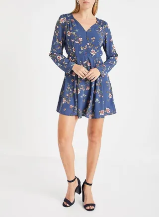 V-Neck Floral Dress Blue 