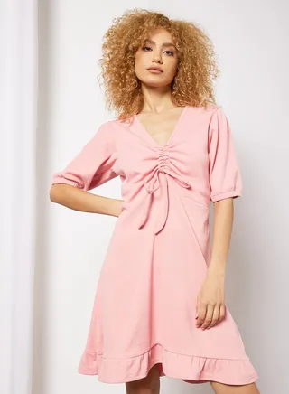 Ribbed Ruched Front Dress Pink 