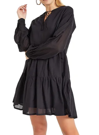Lace Trim Tiered Long Sleeve Dress Black 