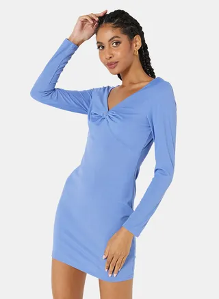 Ruched V Neck Mini Dress Blue 