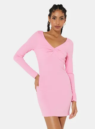 Ruched V Neck Mini Dress Pink 