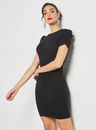 Ruched Sleeve Mini Dress Black 