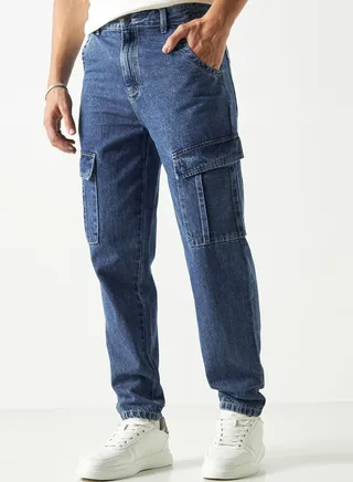 Mid Wash Straight\n Fit Cargo Jeans