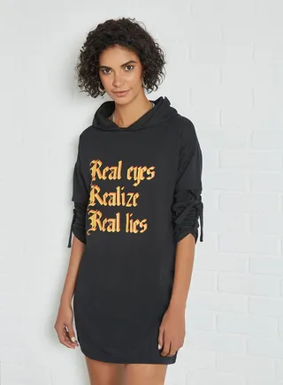 Font Text Hooded Dress Black 