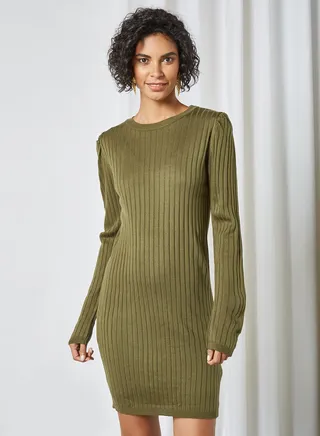 Ribbed Long Sleeve Dress Khaki 