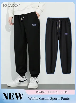 Men'S Casual Waffle Sports Pants Elastic Waist Color Drawstring Loose Fit Pants Ankle Elastic Closure Running Pants 