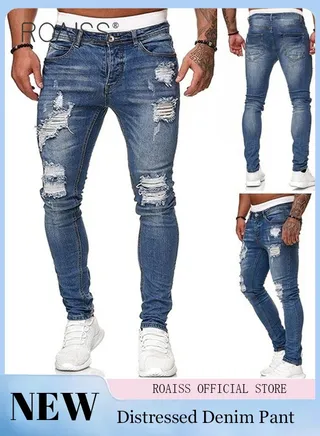 Men'S Fashionable Ripped Tight Jeans Casual Versatile Elastic Pencil Pants With Classic Five Pocket Design 