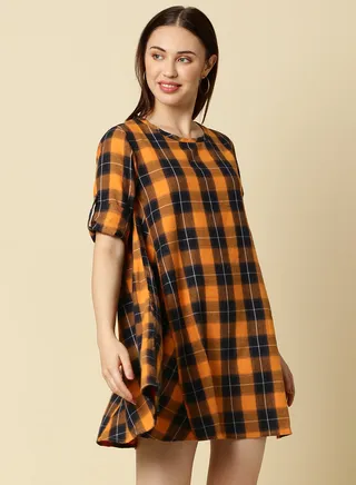 Round Neck Checkered Mini Dress Multicolour 
