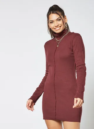 Seam Detail High Neck Dress Maroon 