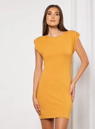 Basic Plain Round Neck Midi Dress Orange 