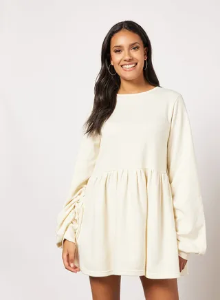 Balloon Sleeve Sweater Dress Beige 