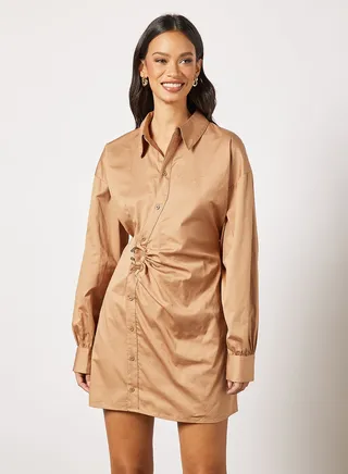 Long Sleeve Shirt Dress Brown 