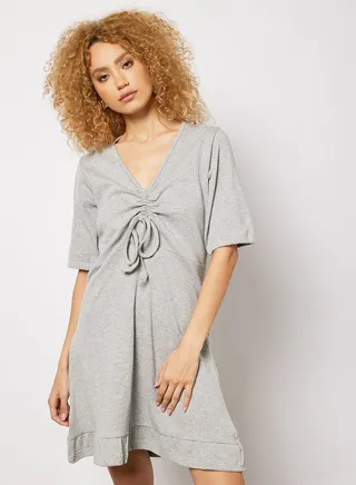 Ribbed Ruched Front Dress Grey 