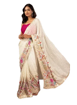 Georgette White Saree With Multi Colour Thread Plus Sequence Work and Unstitched Blouse 