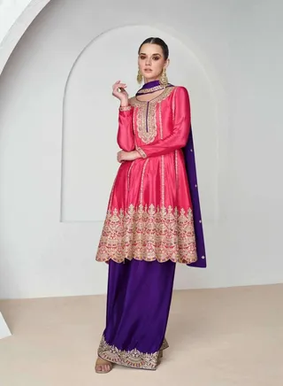 Ready to wear Chinon Silk Festival Party Wear Sharara Set Having Red Kurta Plus Purple Dupatta And Plazo 