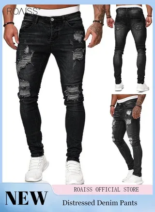 Men's Fashionable Ripped Tight Jeans Casual Versatile Elastic Pencil Pants With Classic Five Pocket Design 