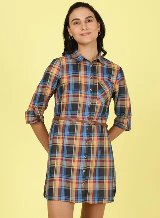 Collared Neck Checkered Mini Dress Multicolour 