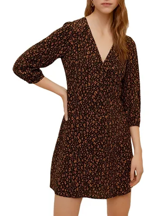Printed V-Neck Dress Black/Brown 