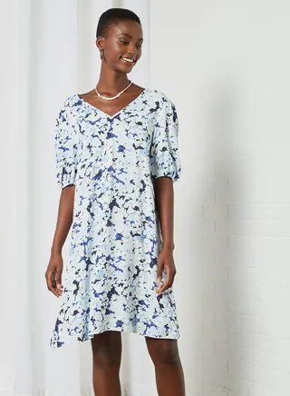V-Neck Printed Dress Blue 