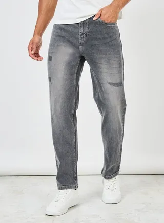 Rip and Repair Mid Wash Regular Fit Jeans
