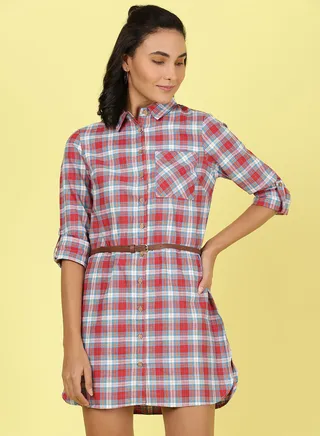 Collared Neck Checkered Mini Dress Multicolour 