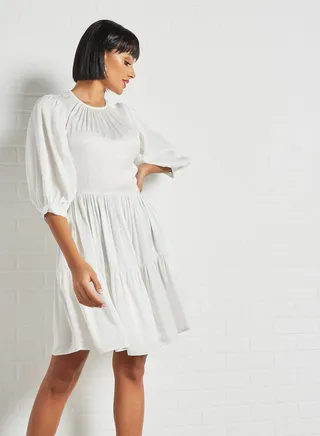 Puff Sleeve Printed Dress Ivory 