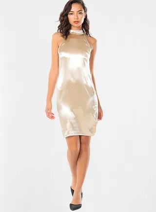 Halter Neck Mini Dress Gold 