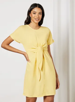 Round Neck Mini Dress Yellow 