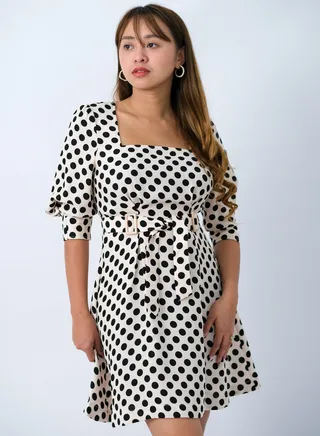 Women’s Polka Dots Square Neck Dress in Poly Dot AOP 