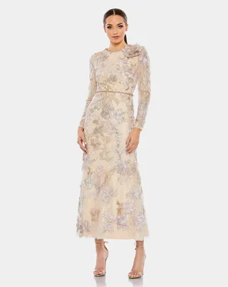 Embellished High Neck Long Sleeve Dress