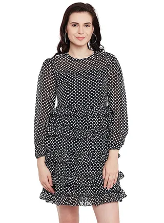 Printed Skater Dress With Ruffles Black 