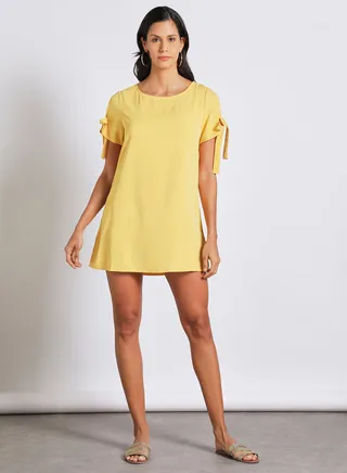 Casual Polyester Blend Short Sleeve Mini Dress With Round Neck With Sleeve Tie Knot Yellow 