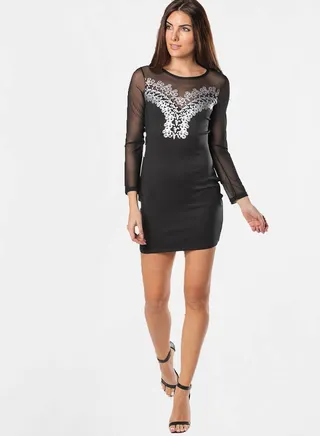 Sheer Sleeve Mini Dress Black 