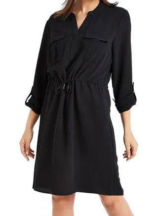 Textured Drawstring Utility Shirt Dress Black 