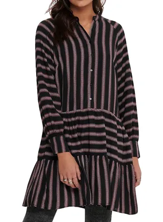 Striped Tiered Long Sleeve Shirt Dress Black/Brown 