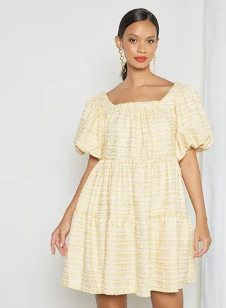 Puff Sleeve Tweed Mini Dress Yellow 