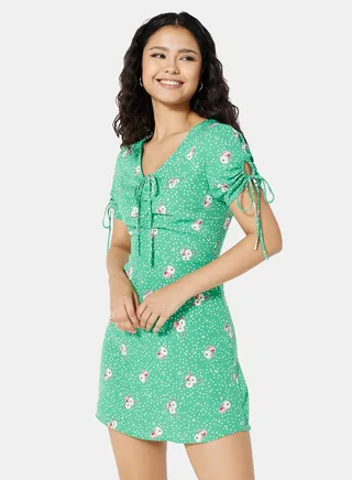Floral Print V Neck Mini Dress Green 