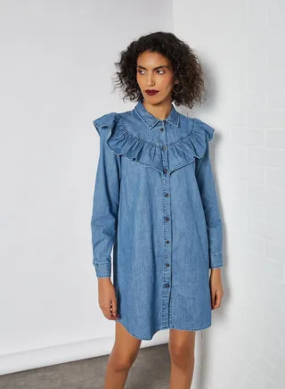 Frill Collared Neck Mini Dress Medium Blue Denim 