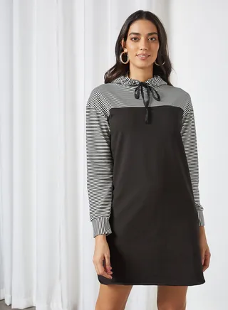 Striped Hooded Dress Black 