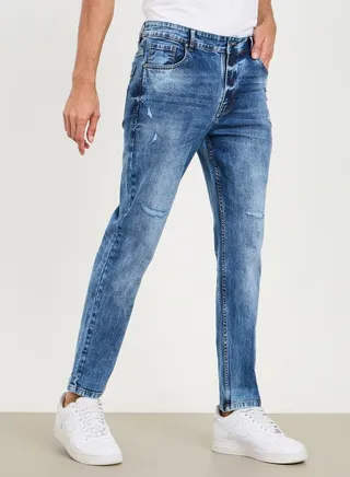 Distressed Mid Wash Slim Fit Jeans