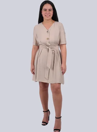 Women's Peated Short Sleeves Karen Dress in Stocking Beige 