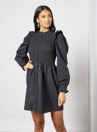 Ruffle Detail Mini Dress Black 