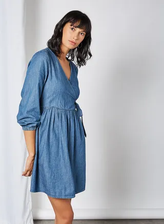 Overlap Front Denim Dress Medium Blue Denim 
