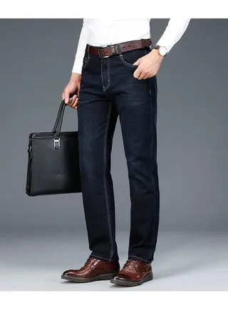 Straight Leg Jeans For Business, Men's Semi-formal Stretch Jeans With Pockets 