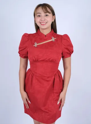 Women’s Noble Chinese Style High Neck Short Dress in Red Dahlia 