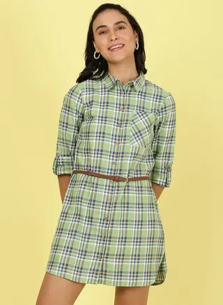 Collared Neck Checkered Mini Dress Multicolour 