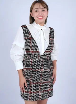 Women’s Ruffle High Neck Button Down Plaid Dress in New Cream 