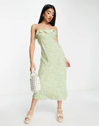 New Look tie back frill strap midi dress in green ditsy floral