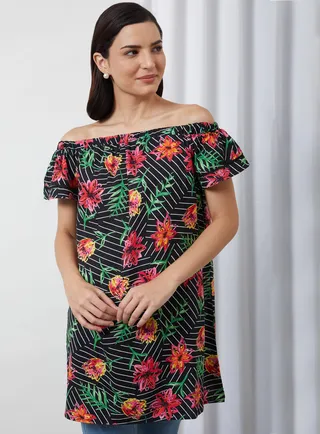Floral Boat Neck Dress Black Aop 