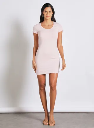 bodycon casual short sleeve scoop neck mini knit dress Pink 